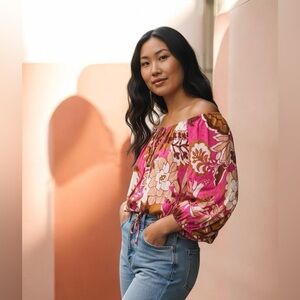 Olivaceous Pink and Brown Floral Blouse